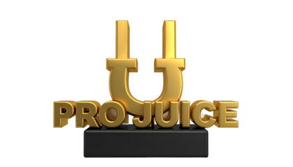 3D gold logo "U" and text "PRO JUICE" on dark base, isolated on black
