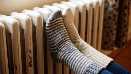 Feet in mismatched knitted wool socks resting on a central heating radiator &ndash; perfect for blogs about the energy crisis, websites about home comfort, tips for staying healthy in winter, articles about