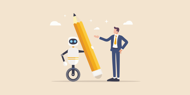 A robotic assistant and businessperson collaborate with a giant pencil