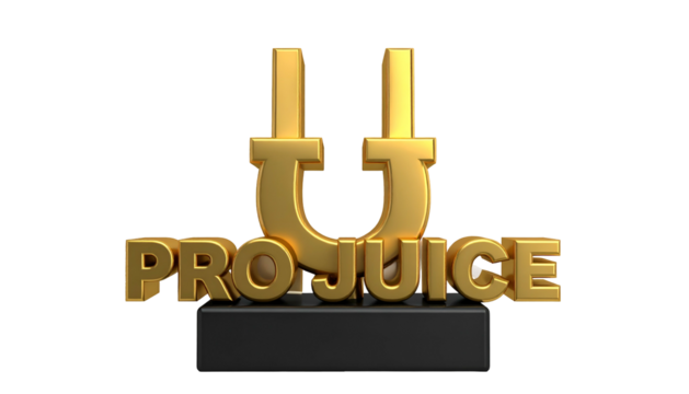 3D gold logo "U" and text "PRO JUICE" on dark base, isolated on black - Powered by Adobe