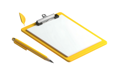 A yellow clipboard with a white paper sheet and a yellow pen on a black background