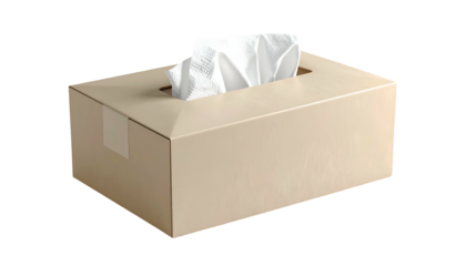 A beige rectangular tissue box with a slit dispensing white tissues, on black background