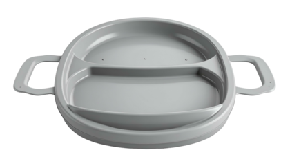 Gray divided baby dish with handles, round shape, and lid section