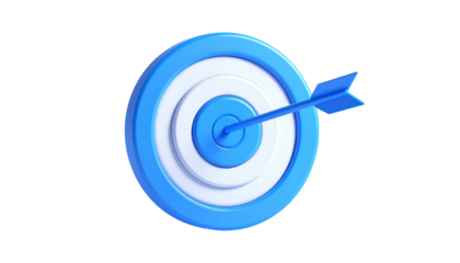 A blue arrow precisely hits the center of a 3D target on a black background