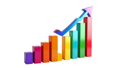 A colorful 3D bar chart, rainbow gradient, ascending with a blue arrow, on black