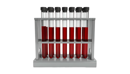 Nine glass vials filled with red liquid, in a lab rack, against a black background