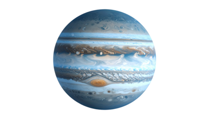Giant gas planet, striped bands, swirling atmosphere, prominent red spot