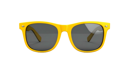 Front-facing, bright yellow sunglasses with dark lenses on a black background