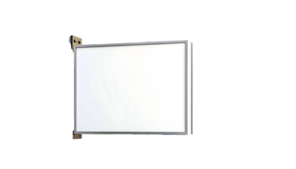 Rectangular whiteboard, silver frame, mounted on a wall, stark contrast, black background