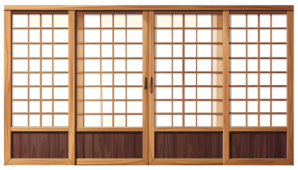Four-paneled wooden Japanese-style sliding door with lattice detail