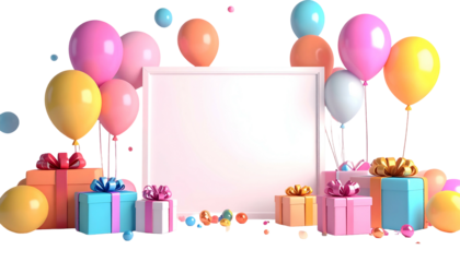 A festive scene with colorful balloons, wrapped presents, and a blank picture frame