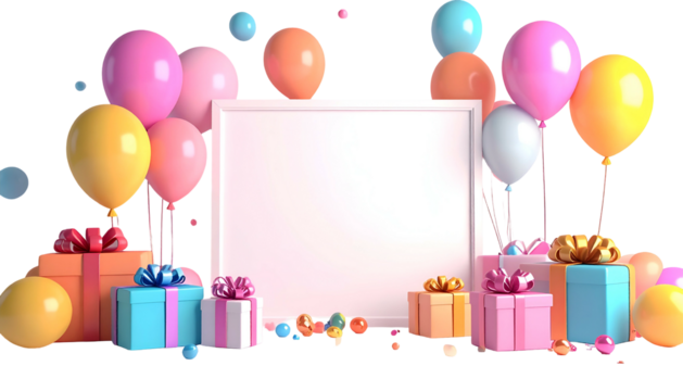 A festive scene with colorful balloons, wrapped presents, and a blank picture frame - Powered by Adobe