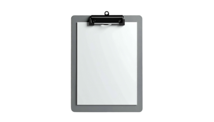 A gray clipboard with a blank white sheet of paper on a solid black background