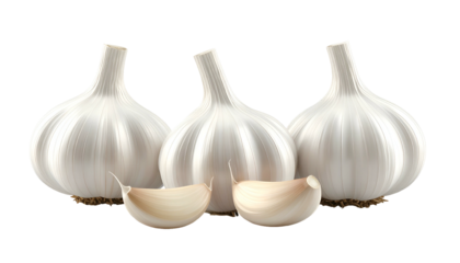 Three whole garlic bulbs with two cloves, isolated on black background