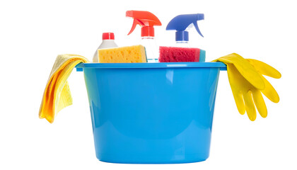 Blue bucket overflowing with cleaning supplies like spray bottles, sponge, and gloves