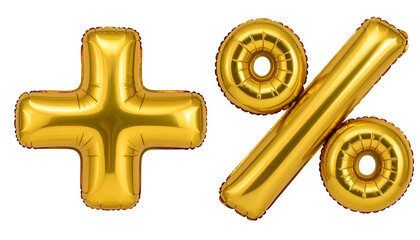 Golden balloon symbols, including a plus sign and percentage mark, isolated on black