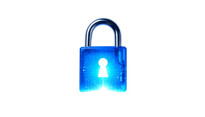 Blue glowing digital padlock on black background, representing security and encryption