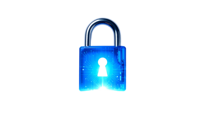 Blue glowing digital padlock on black background, representing security and encryption