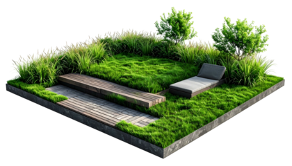 Isometric view of a green rooftop garden with lawn, benches, and trees
