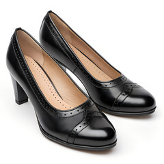 Black Leather Brogue Style High Heel Pumps Isolated on White Background.