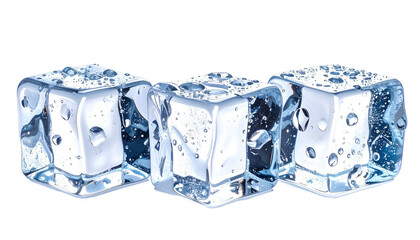 Three glistening, clear ice cubes with water droplets against a stark black background