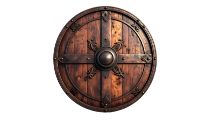 A weathered, circular, wooden shield with iron banding and embellishments, centered