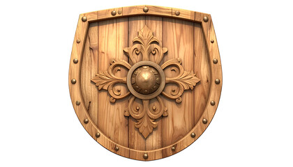 Fototapeta premium Wooden shield with ornate carved emblem and metal rivets