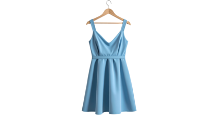Light blue, sleeveless dress with a v-neck, hanging on a wooden hanger against black