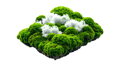 Isometric landscape with bright green moss and fluffy clouds against a black background