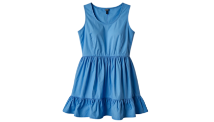 Sleeveless light blue summer dress with a scooped neck, cinched waist, and tiered skirt