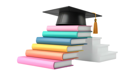 Stacked colorful books form a staircase to a graduation cap, with a white platform