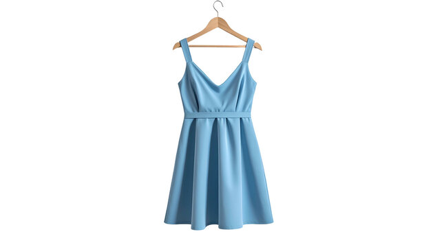 Light blue, sleeveless dress with a v-neck, hanging on a wooden hanger against black
