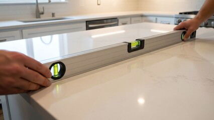 hands of a builder using a spirit level on a white kitchen countertop for home renovation blogs, interior design sites, construction services, diy tutorials and maintenance presentations