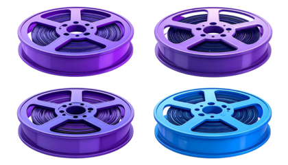 Four film reels in shades of purple and blue, isolated on black