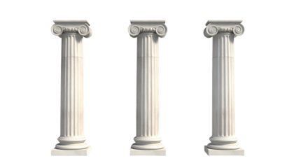 Three classical Ionic columns stand tall against a black backdrop, showcasing detailed design