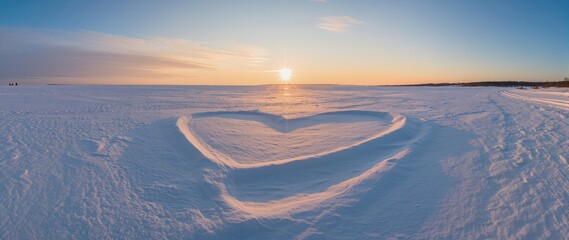 Snow heart shape on frozen lake at sunset with colorful sky and distant people enjoying the winter landscape
