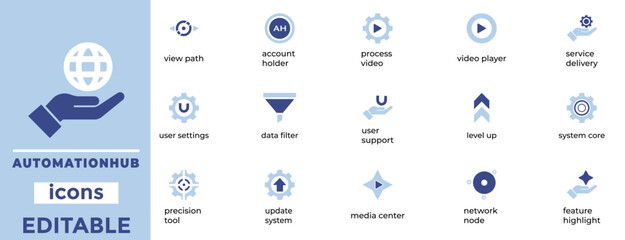 Blue automation and technology icon set. Modern business, digital process, and user interface symbols. Vector illustration pack for web, app, and software design.