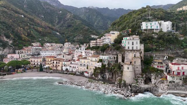 Aerial view of Cetara, a small town along the Amalfi Coast, Salerno, Campania, Italy.