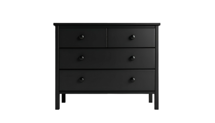 A sleek, black wooden dresser with four drawers and four knobs, set against a black backdrop