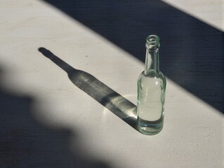 Glass bottle sits on flat surface with light creating shadow during daylight hours