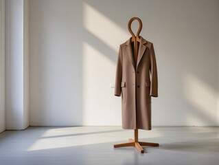 A coat hangs on a stand in a room with a striking wall design. The light casts a shadow that resembles a human figure. The setting shows a mix of creativity and simplicity.