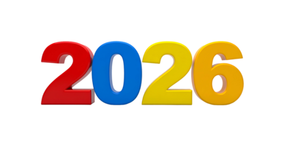 3D text graphic showing the number 2026, each digit a different primary color, black background