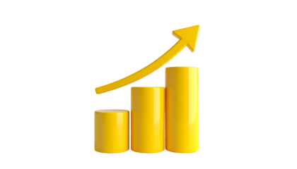 3D-rendered yellow bar graph illustrating upward trend with an arrow on a black backdrop