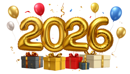 Festive gold number balloons spelling 2026, atop gifts, with balloons and confetti