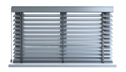 Close-up of horizontal, adjustable slats of a window covering, grey on a dark background