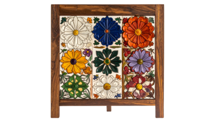 Hand-carved wooden frame holding a decorative tile mosaic of colorful flower designs