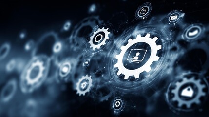 Interconnected gears with technology icons in abstract digital design