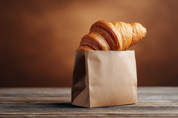 Golden croissant peeking out of a brown paper bag on a wooden table