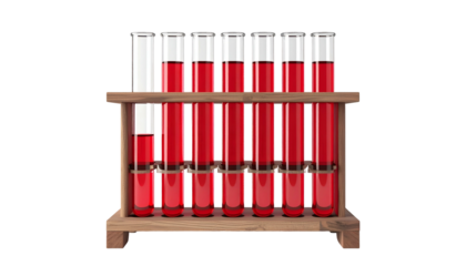 A rack of clear glass tubes filled with red liquid, varying fill levels