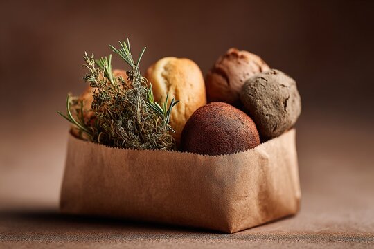 Freshly baked artisanal bread rolls and herbs in a paper bag - Powered by Adobe